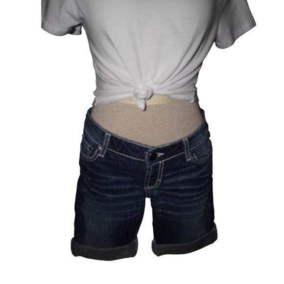 BKE Denim Sabrina Jean Shorts Size 27 Mid Rise Cuffed Blue Distressed Rhinestone - Picture 2 of 9